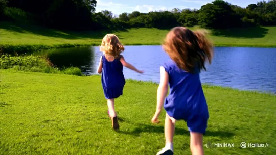 Girls' Joyful Run Ends in Splash and Surprise – AI Generated Video | Hailuo AI