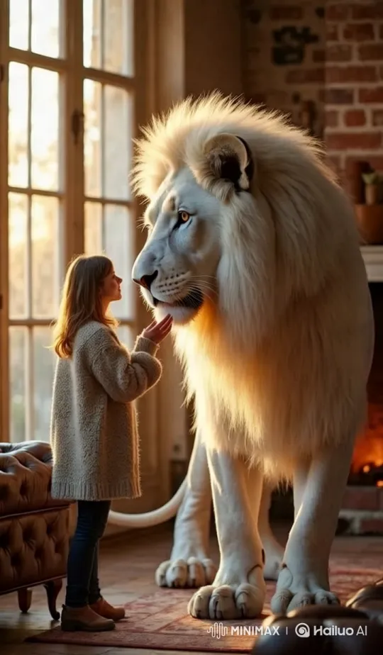 Rare White Lion Enjoys Intimate Bonding in Cozy Living Room – AI Generated Video | Hailuo AI