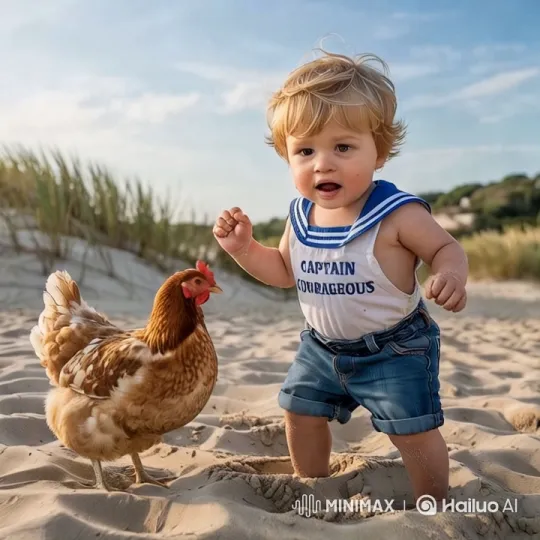 Boy and Chicken Play on Sandy Beach – AI Generated Video | Hailuo AI