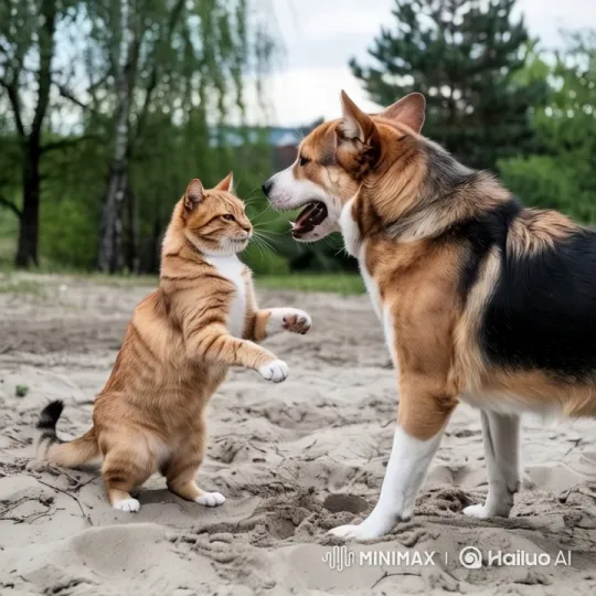 Cat and Dog's Brief Confrontation in Outdoor Setting – AI Generated Video | Hailuo AI