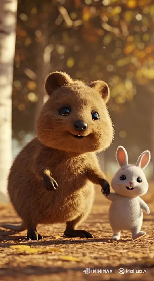 Joyful Bunny and Quokka in Sunlit Forest Path – AI Generated Video | Hailuo AI