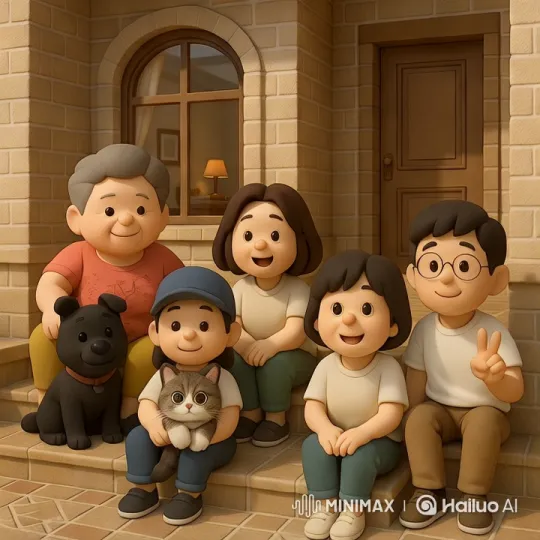 Family Joy and Togetherness Captured on Cozy Home Steps – AI Generated Video | Hailuo AI