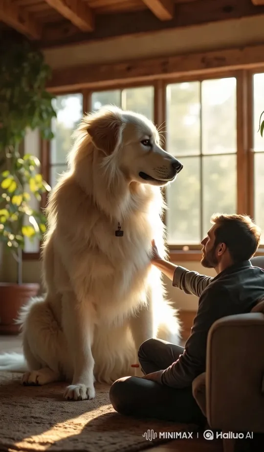 Emotional Bond: Giant Dog in Cozy Farmhouse – AI Generated Video | Hailuo AI