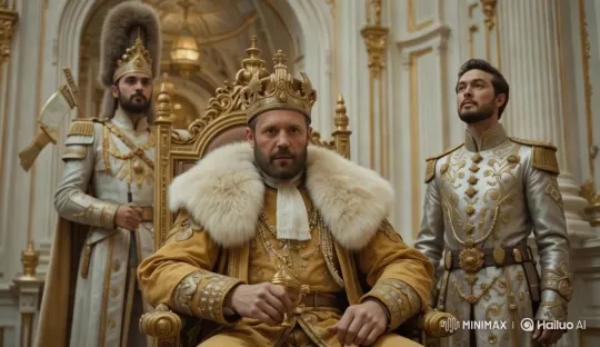 Regal Men in Opulent Attire on Static-Throne Scene – AI Generated Video | Hailuo AI