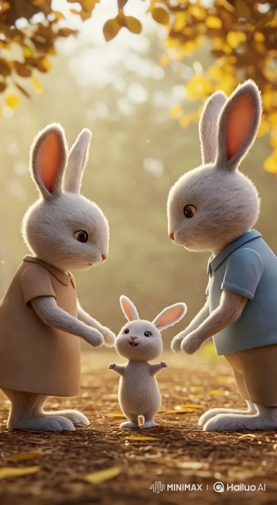 Anthropomorphic Rabbits Family Waves in Peaceful Forest – AI Generated Video | Hailuo AI