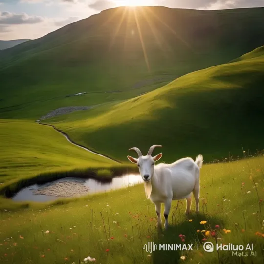 Tranquil Pastures: Goat in Serene Landscape Exploration – AI Generated Video | Hailuo AI