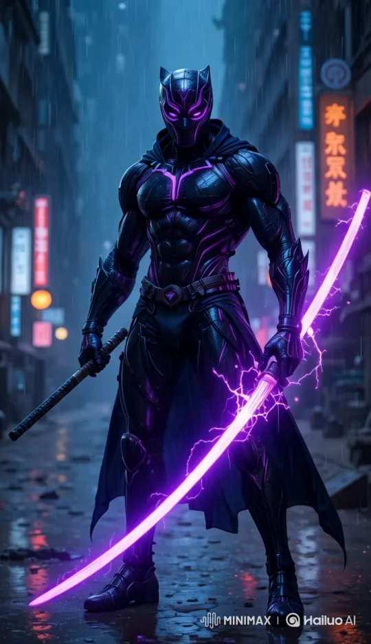 Futuristic Warrior Wields Glowing Katana in Cyberpunk Night – AI Generated Video | Hailuo AI