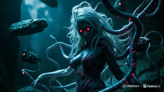 Alien Creature in Surreal Ruins with Bioluminescent Tendrils – AI Generated Video | Hailuo AI