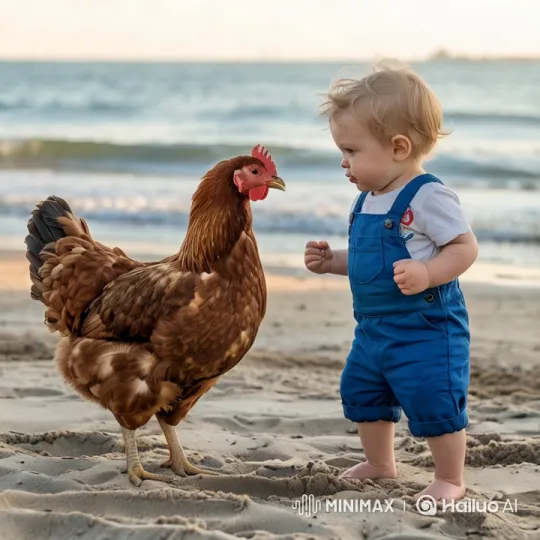 Boy Fights Chicken on Sandy Beach – AI Generated Video | Hailuo AI