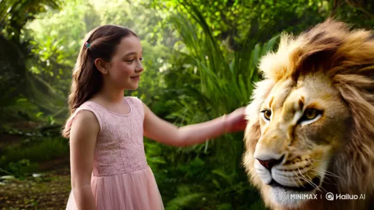 Young Girl and Lion Bond in Lush Jungle Setting – AI Generated Video | Hailuo AI