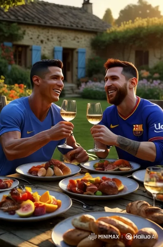 Cristiano Ronaldo and Lionel Messi Enjoy a Peaceful Dinner in a Serene Garden – AI Generated Video | Hailuo AI