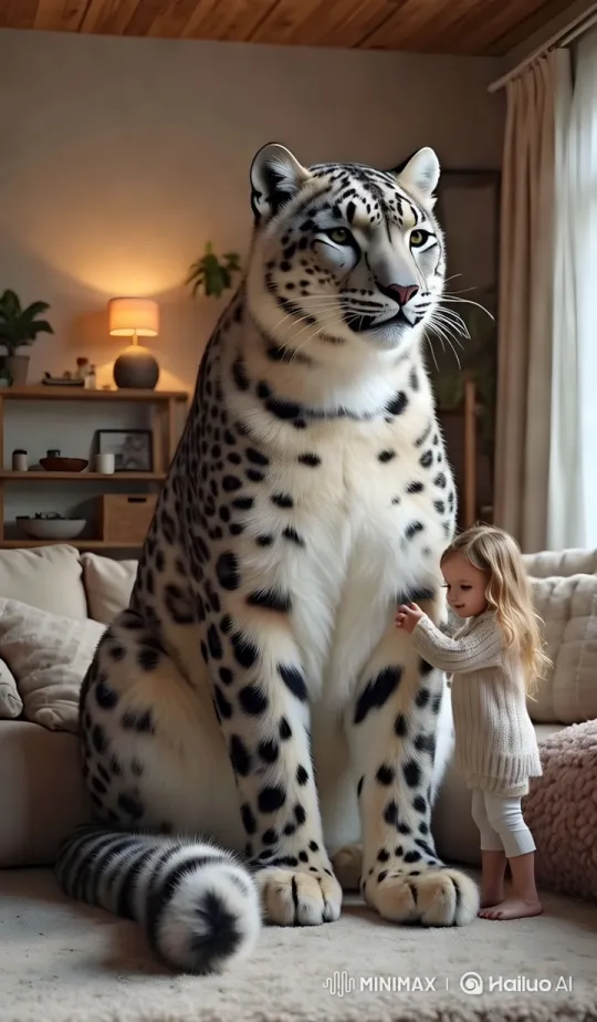 Giant Snow Leopard in Cozy Scandinavian Living Room – AI Generated Video | Hailuo AI