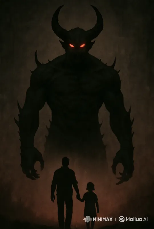 Father and Daughter Flee from Horrifying Monster in Dark Setting – AI Generated Video | Hailuo AI
