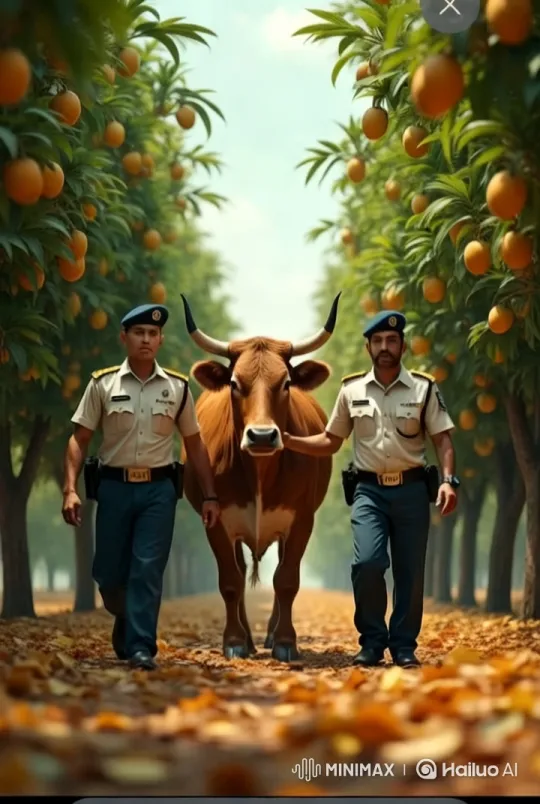 Police Guide Cow Through Serene Orchard – AI Generated Video | Hailuo AI
