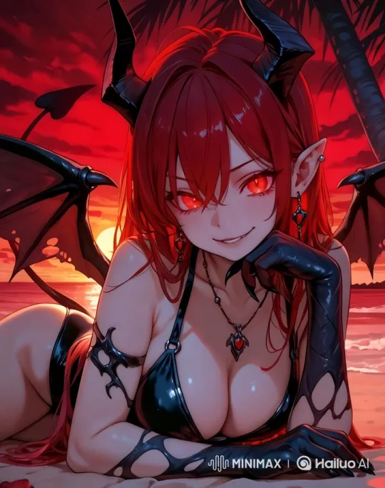 Red-haired Demon Girl Flirts on a Sunset Beach – AI Generated Video | Hailuo AI