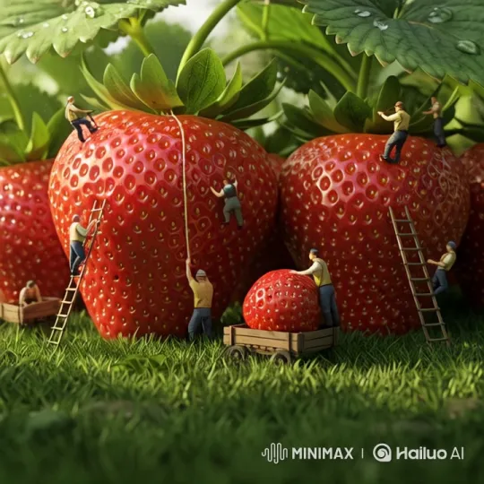 Tiny Workers Harvest Colossal Strawberries – AI Generated Video | Hailuo AI