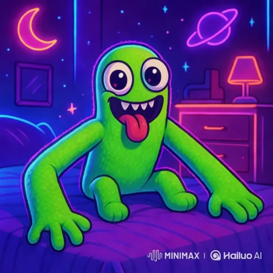 Vibrant Cartoon Creature in Whimsical, Neon-Lit Bedroom – AI Generated Video | Hailuo AI