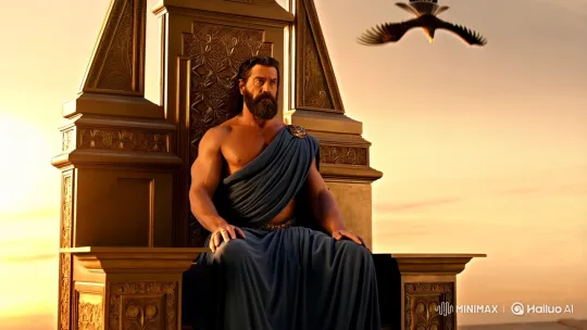Zeus on Throne: Divine Presence Amidst Ethereal Sky – AI Generated Video | Hailuo AI