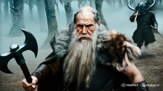 Viking Warrior Prepares for Battle in Misty Forest – AI Generated Video | Hailuo AI