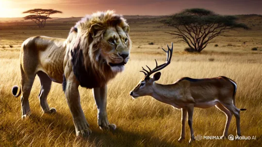 Lion Preys on Deer in Majestic Savannah Chase – AI Generated Video | Hailuo AI
