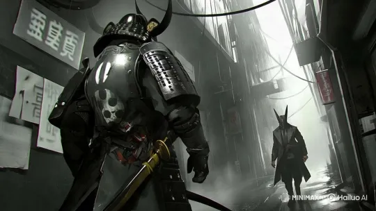 Armored Figure and Warrior in Tense Alley Confrontation – AI Generated Video | Hailuo AI