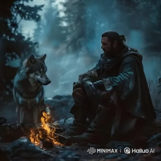 Man and Wolf in Winter Forest - Aesthetic Interaction – AI Generated Video | Hailuo AI