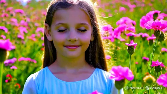 Girl in Bloom: Serene Portrait Amidst Swaying Flowers – AI Generated Video | Hailuo AI