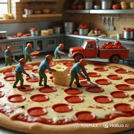 Tiny Workers Prepare Giant Pizza in Whimsical Kitchen – AI Generated Video | Hailuo AI