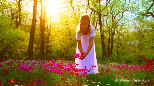 Spring Forest Serenity: Girl Gathering Flowers – AI Generated Video | Hailuo AI