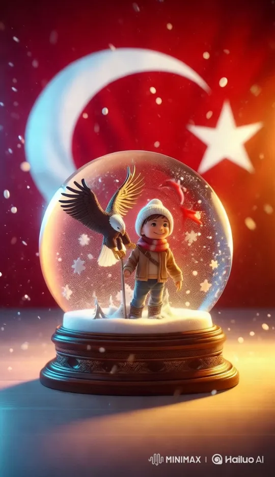 Turkish Flag Snow Globe with Moving Figurine and Eagle – AI Generated Video | Hailuo AI