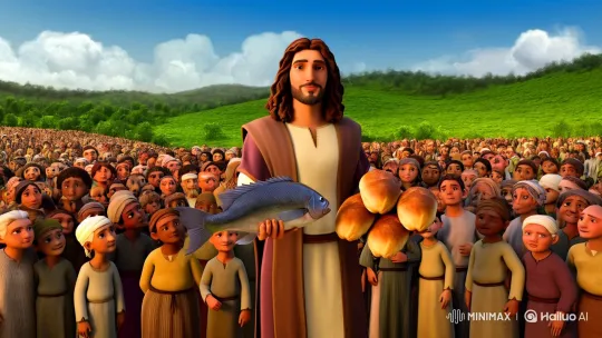 Jesus Feeds the 5,000 in Serene Meadow Scene – AI Generated Video | Hailuo AI