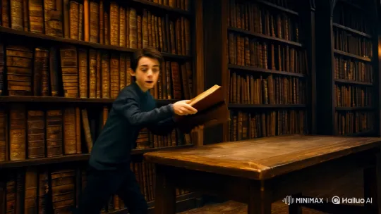 Outcast Boy Casts Lux Aeterna in Shadowy Library – AI Generated Video | Hailuo AI