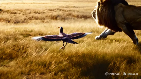 Bird Pursues Lion in Dramatic Savannah Chase – AI Generated Video | Hailuo AI