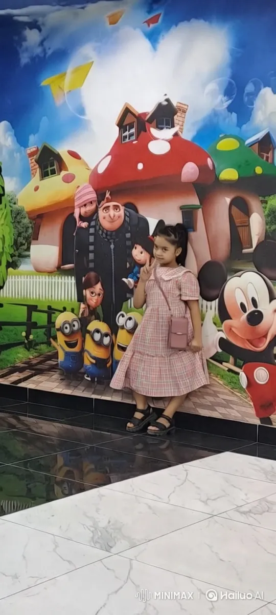 Girl Poses with 'Despicable Me' Mural and Mickey Mouse – AI Generated Video | Hailuo AI
