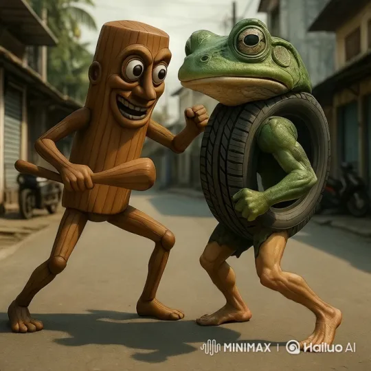 Wooden Figure Defeats Frog in Deserted Street Fight – AI Generated Video | Hailuo AI