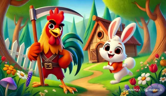 Rooster's Crow Startles Fox in Peaceful Garden – AI Generated Video | Hailuo AI
