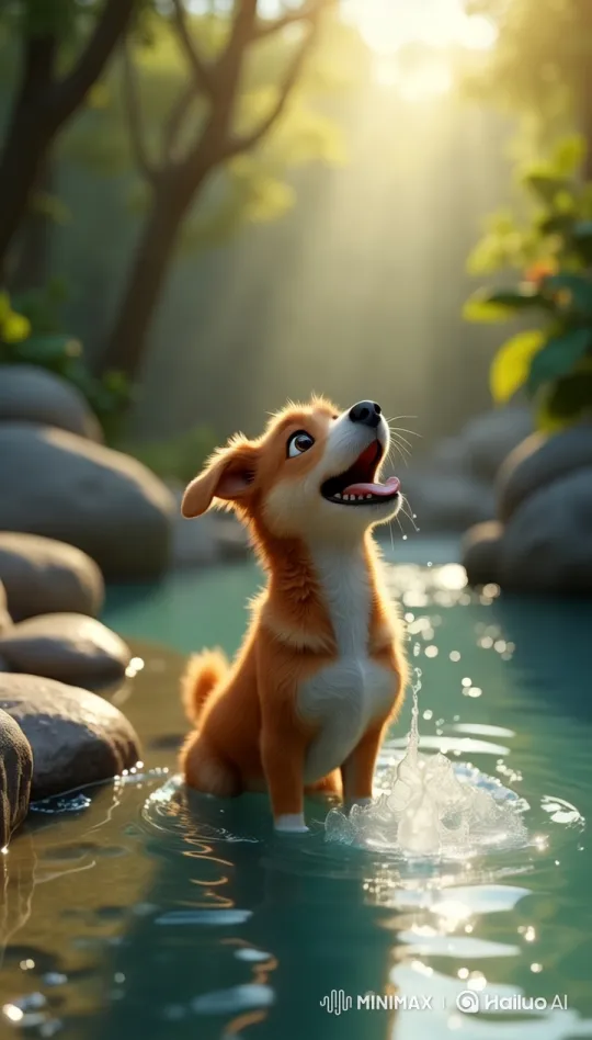 Dog's Joyful Adventure at a Forest Waterfall – AI Generated Video | Hailuo AI