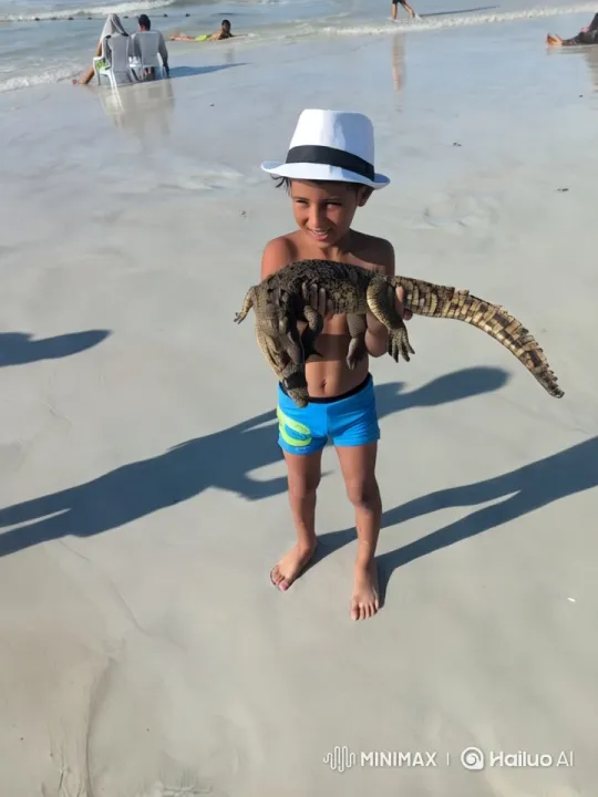Boy with Crocodile on Vibrant Beach – AI Generated Video | Hailuo AI