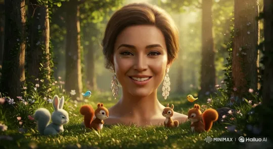 Magical Forest Morning with Animated Animals and Kind Woman – AI Generated Video | Hailuo AI