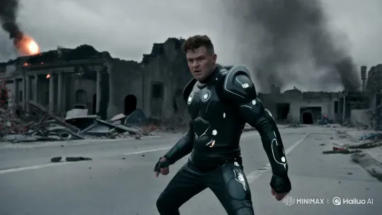 Futuristic Soldier Showcases Agility in War-Torn Cityscape – AI Generated Video | Hailuo AI