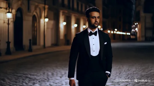 Noir Aesthetic: Confident Man in Tuxedo on Cobblestone Street – AI Generated Video | Hailuo AI