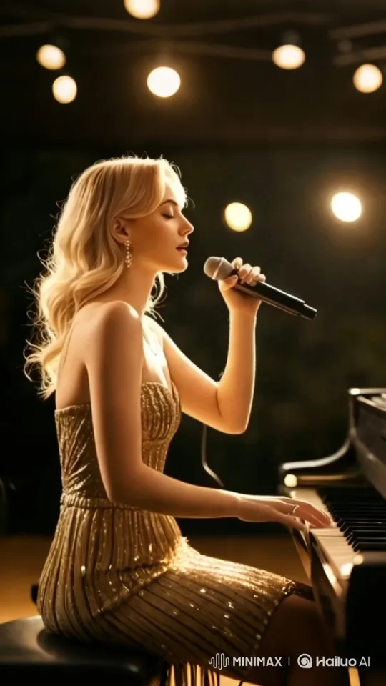 Elegant Singer Performs in Gold Dress at Grand Piano – AI Generated Video | Hailuo AI
