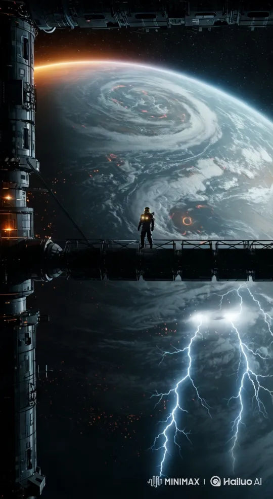 Astronaut Walks on Space Station Bridge Amidst Planet's Storm – AI Generated Video | Hailuo AI