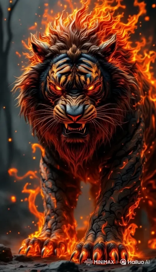 Fierce Lion Engulfed in Flames Roars Aggressively – AI Generated Video | Hailuo AI