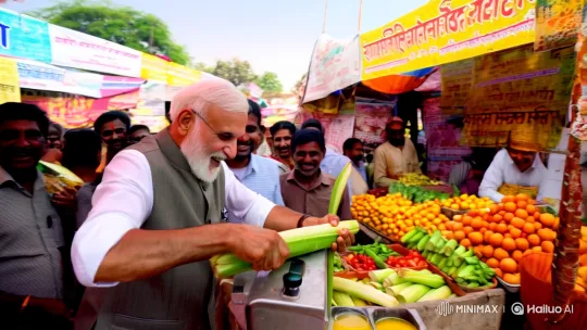 Modi Energetically Sells Sugarcane Juice in Bustling Indian Market – AI Generated Video | Hailuo AI