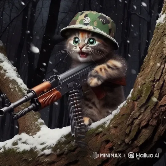Cute Kitten Aims Rifle in Snowy Forest Setting – AI Generated Video | Hailuo AI