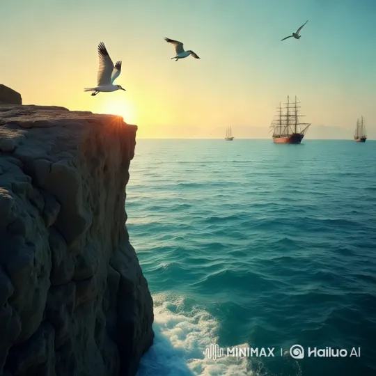 Spectacular Coastal Sunset with Seagulls and Sailing Ships – AI Generated Video | Hailuo AI