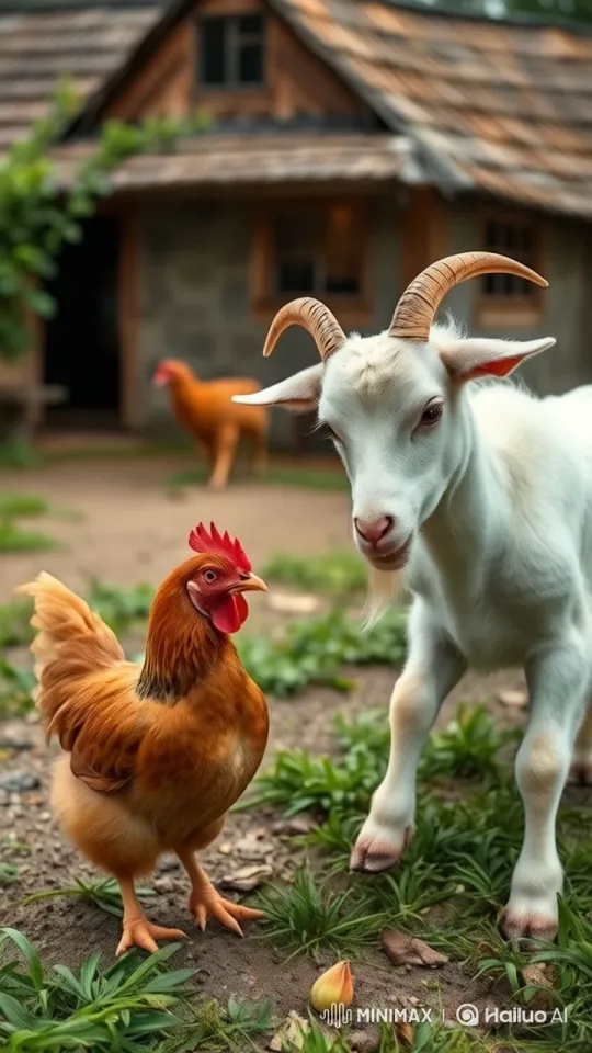 Goat and Chicken's Playful Farmyard Chase – AI Generated Video | Hailuo AI