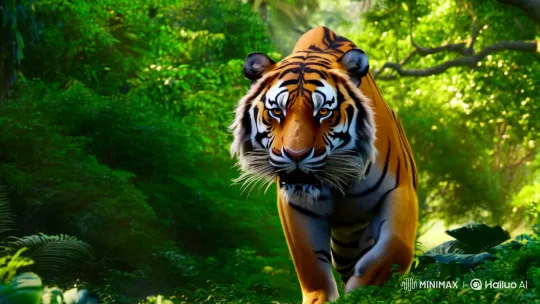 Tiger Emerges in Lush Jungle, Captured by Artful Camera Work – AI Generated Video | Hailuo AI