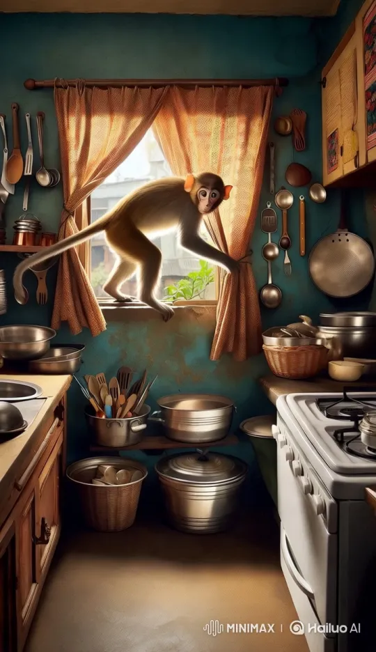 Monkey Leaps Gracefully into Vibrant Indian Kitchen – AI Generated Video | Hailuo AI